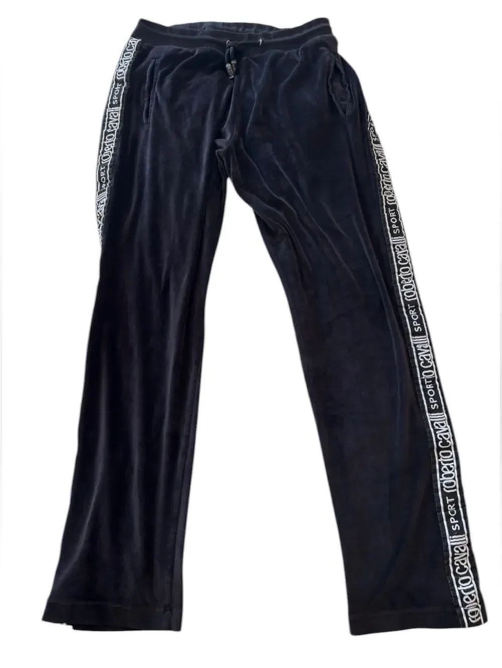 Roberto Cavalli Black Velour Track Pants with White Logo Tape Medium